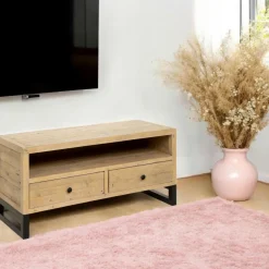 Console de salon noire ovale - pieds en V, effet bois MARFA