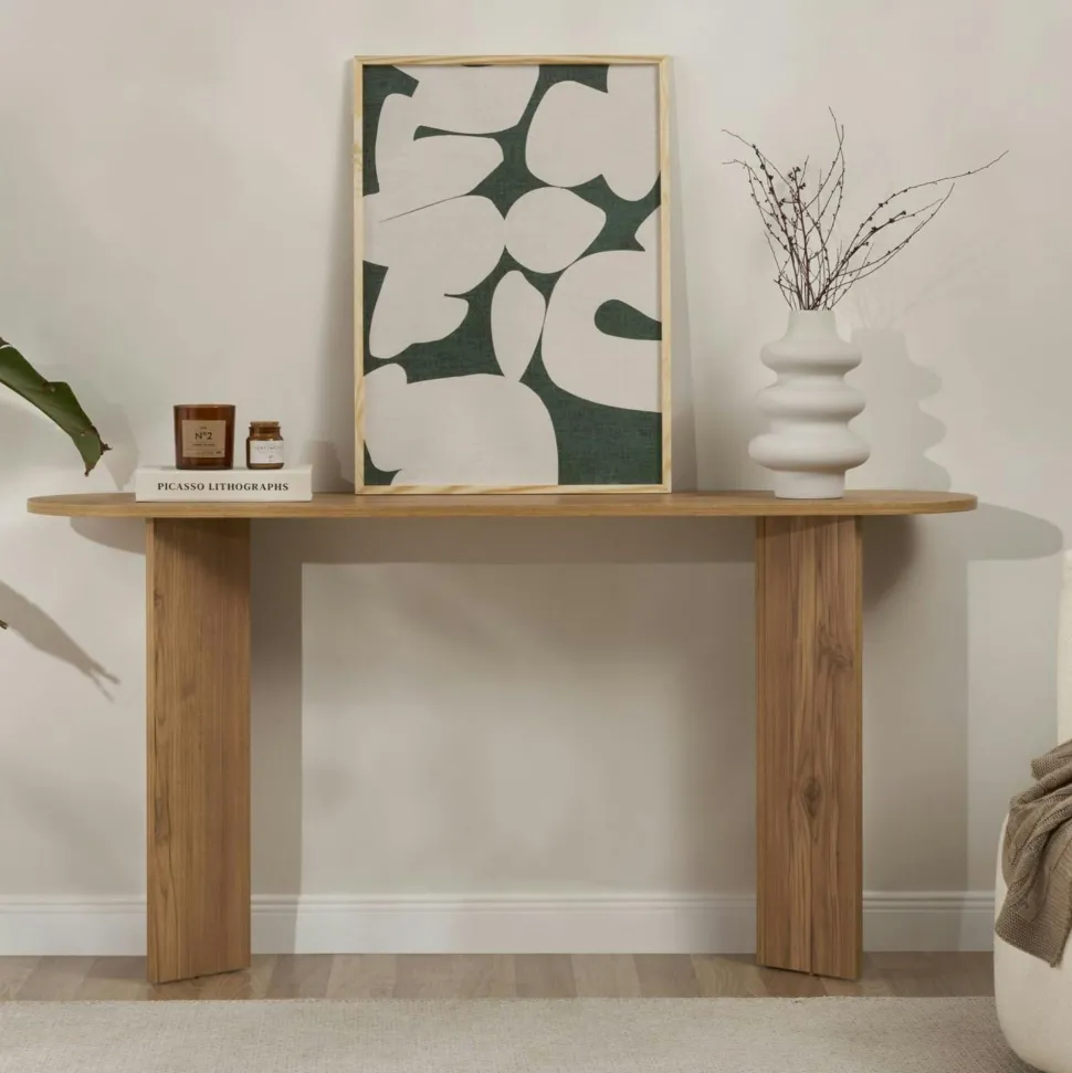 Console de salon noire ovale - pieds en V, effet bois MARFA