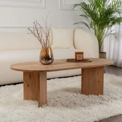 Console de salon ovale effet noyer clair - pieds en V MARFA