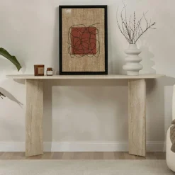 Console de salon ovale effet travertin - pieds en V MARFA