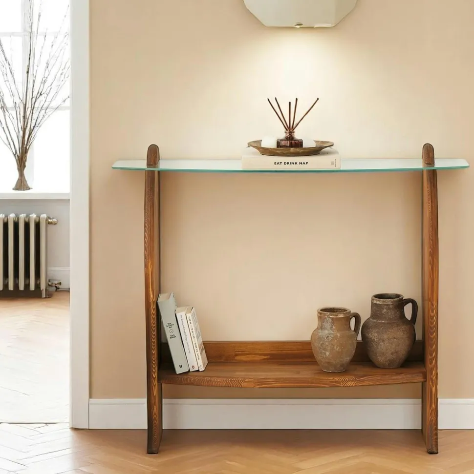 Console d'entrée vintage - bois brun, verre teinté ANZIO