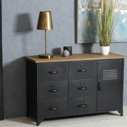 Console entrée rétro bois d'hévéa métal LOFT