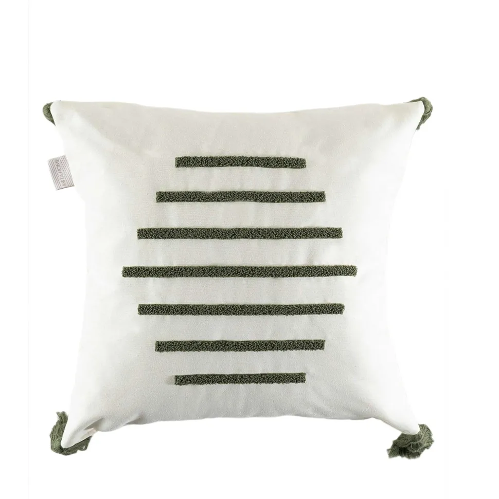 Coussin en lin à pompons – rayures en bouclette verte IZMIR