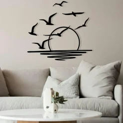 Décoration murale métal noir – coucher de soleil et oiseaux