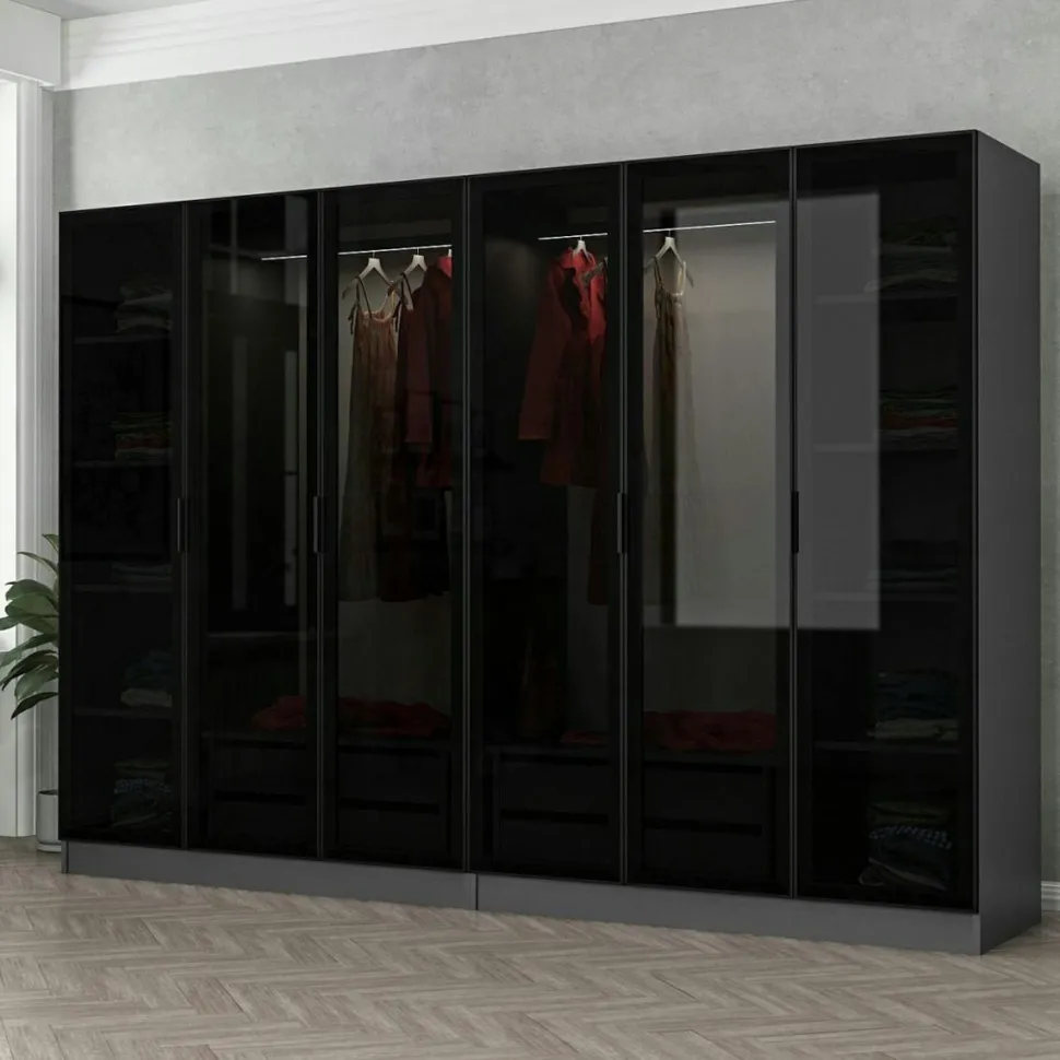 Dressing design 6 portes, verre noir & cadre anthracite BYRON
