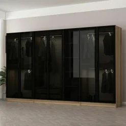Dressing design 7 portes verre noir & cadre effet noyer BYRON
