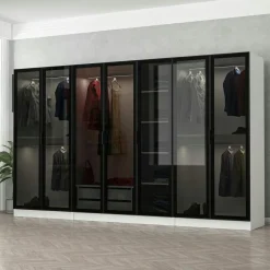 Dressing design 7 portes verre noir & cadre effet noyer BYRON