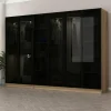 Dressing design 6 portes verre noir & cadre effet noyer BYRON