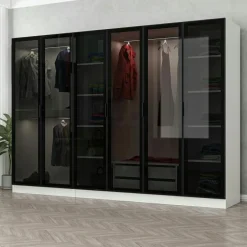 Dressing design 6 portes verre noir & cadre effet noyer BYRON