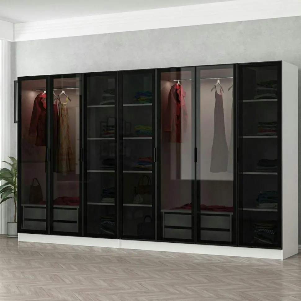 Dressing XXL 5 penderies, blanc & verre noir 190 cm BYRON