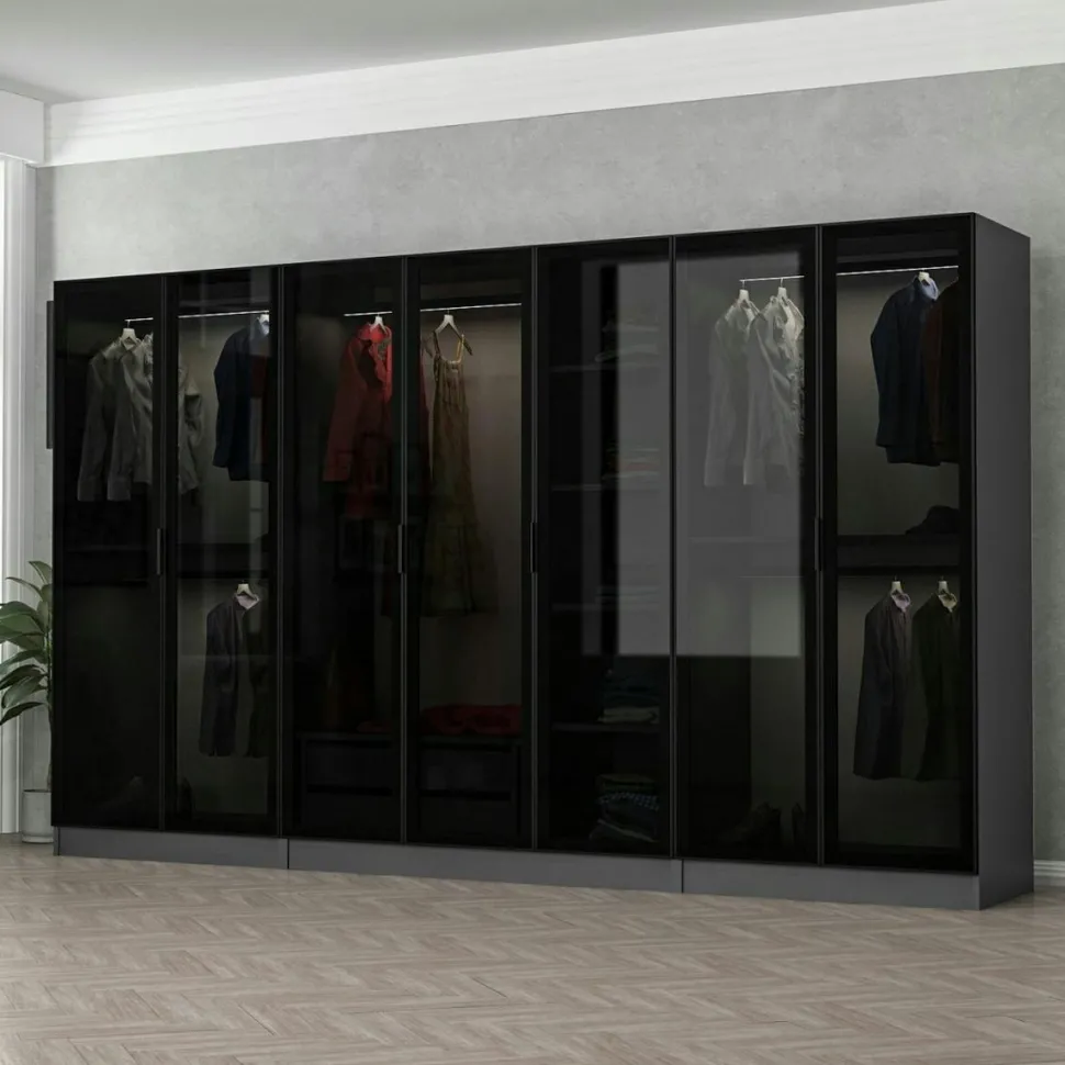 Dressing XXL 5 penderies, blanc & verre noir 190 cm BYRON