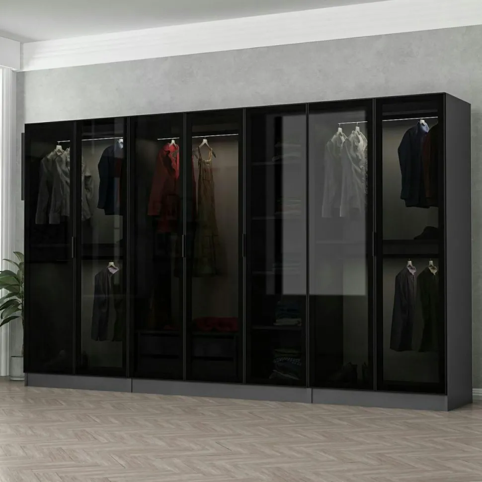 Dressing XXL 5 penderies, blanc & verre noir 190 cm BYRON