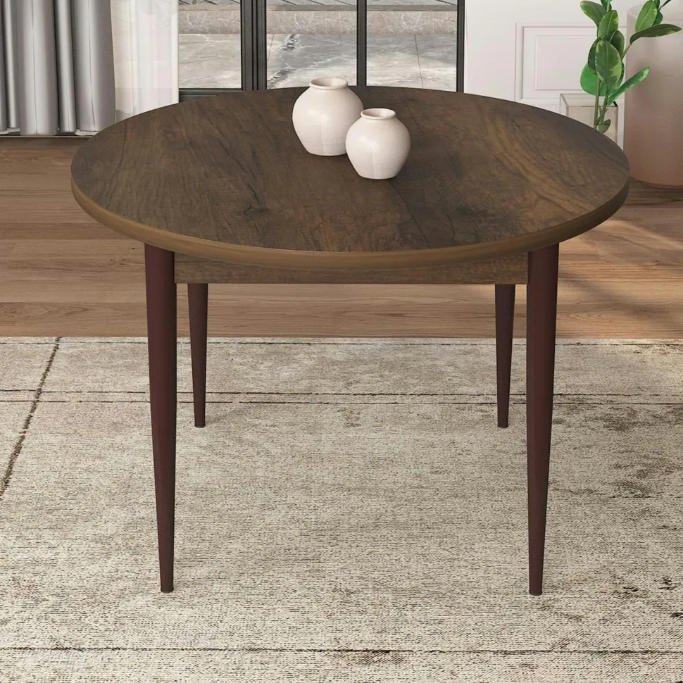 Ensemble table ronde Ø90 cm + 4 chaises taupe à motifs AROLA