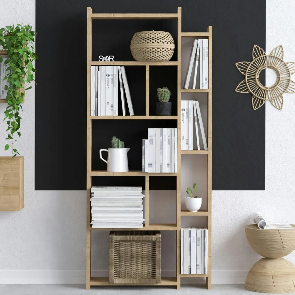 Etagère colonne effet bois de chêne - 2 niveaux MARFA