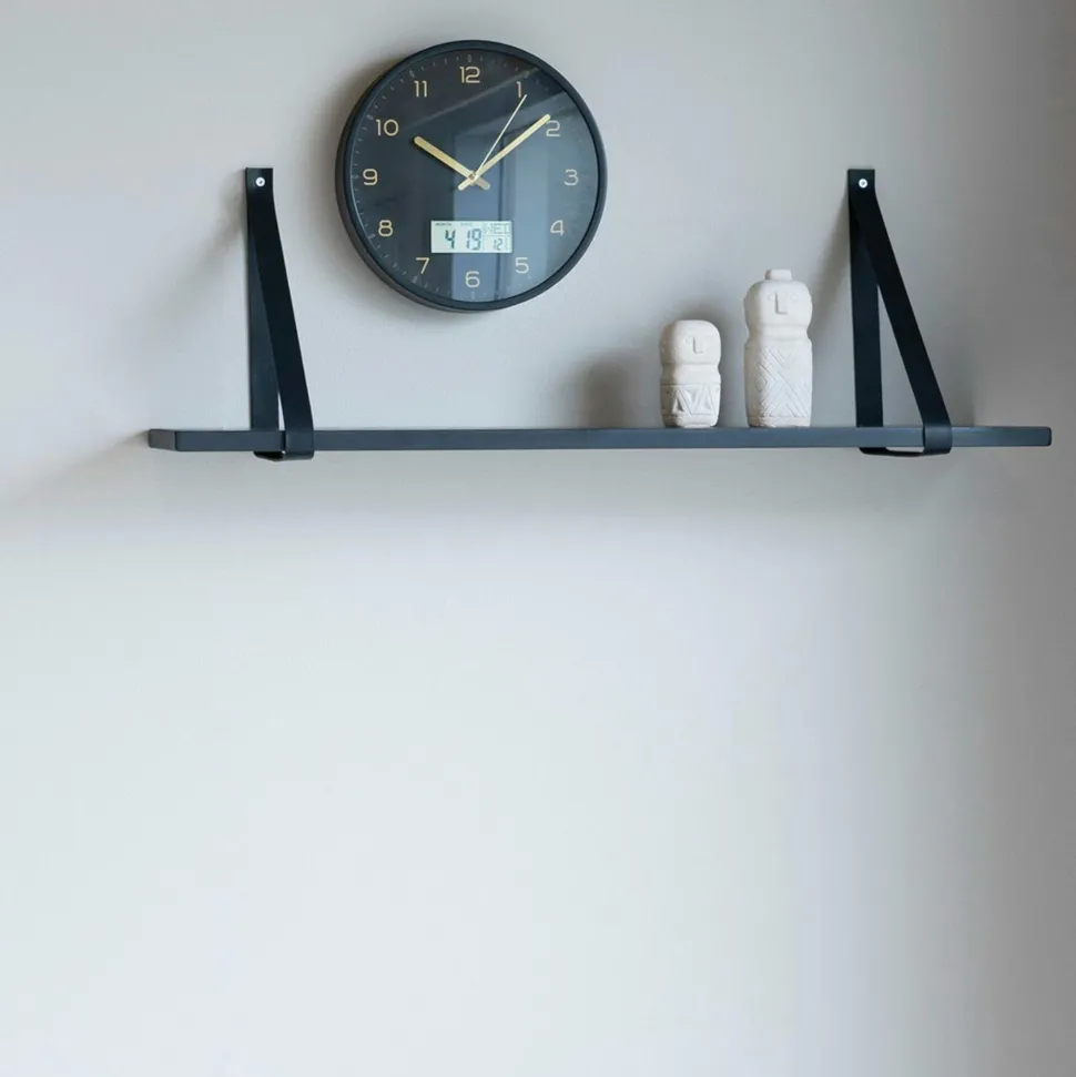 Etagère murale en bois et cuir noir 80 cm TALLINN