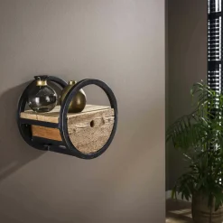 Etagère murale ronde bois recyclé brut 1 tiroir D30 cm CYCLADES