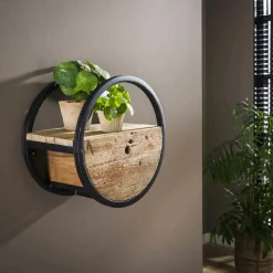 Etagère murale ronde bois recyclé brut 1 tiroir D30 cm CYCLADES