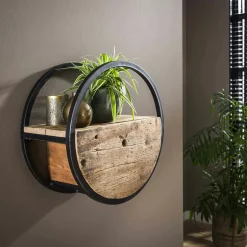 Etagère murale ronde bois recyclé brut 1 tiroir D30 cm CYCLADES