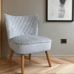 Fauteuil blanc tissu chenille - pieds bois, motif croisé IENA