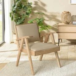 Fauteuil bois exotique clair tissu beige DIKA