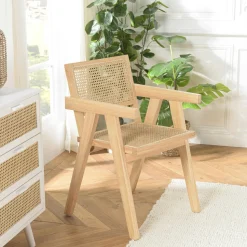 Fauteuil contemporain bois clair tissu blanc et cannage TIM