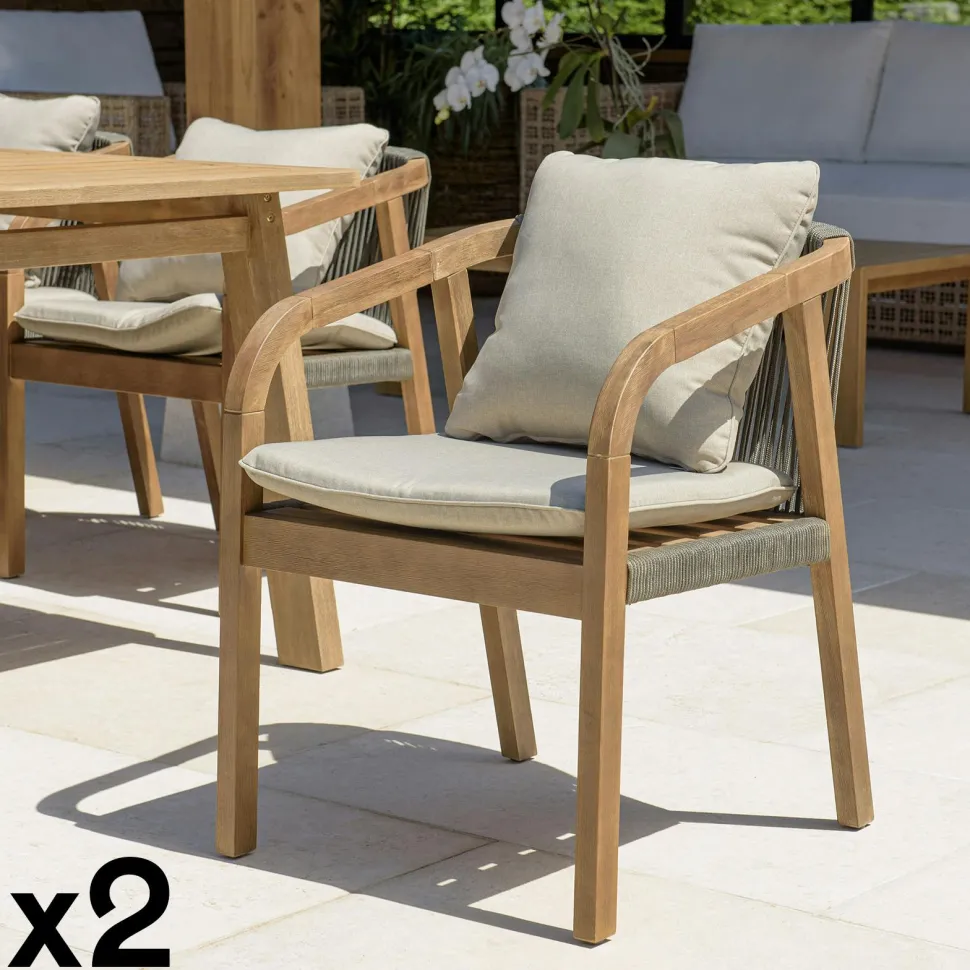 Fauteuil de jardin acacia et cordage vert avec coussins (lot de 2) BAHIA