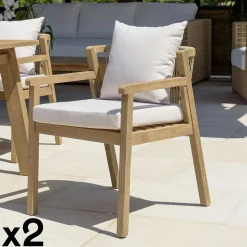 Fauteuil de jardin acacia naturel dossier tressé et coussins (lot de 2) BAHIA