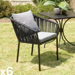 Fauteuil de jardin cordage couleur naturelle 2 coussins noirs (lot de 6) GIJON