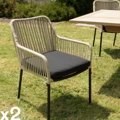 Fauteuil de jardin cordage noir 1 coussin gris anthracite (lot de 2) GIJON
