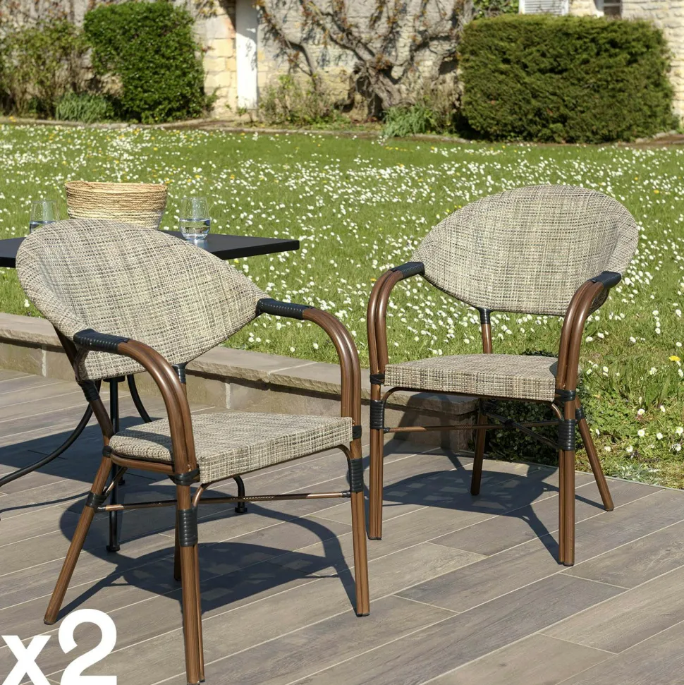 Fauteuil de jardin rotin synthétique ajouré couleur naturelle avec coussin noir (lot de 2) GIJON