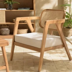 Fauteuil exotique dossier cannage teck et coussin gris MANAK