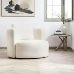 Fauteuil rond blanc crème - tissu bouclette LUCCA