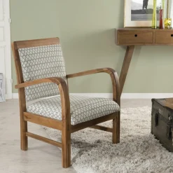 Fauteuil Teck assise tissu coton motifs feuilles rétro années 50. Dim: 61x63x81cm DIKA