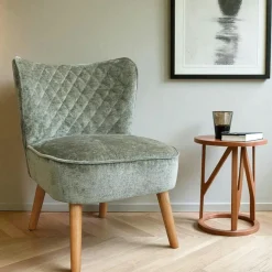Fauteuil vert tissu chenille - pieds bois, motif croisé IENA