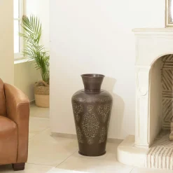 Grand vase brun patiné motifs orientaux dorés H70 cm NADOR