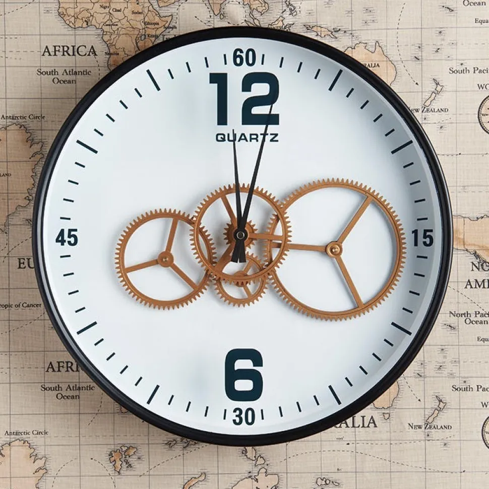 Horloge engrenages or fond blanc