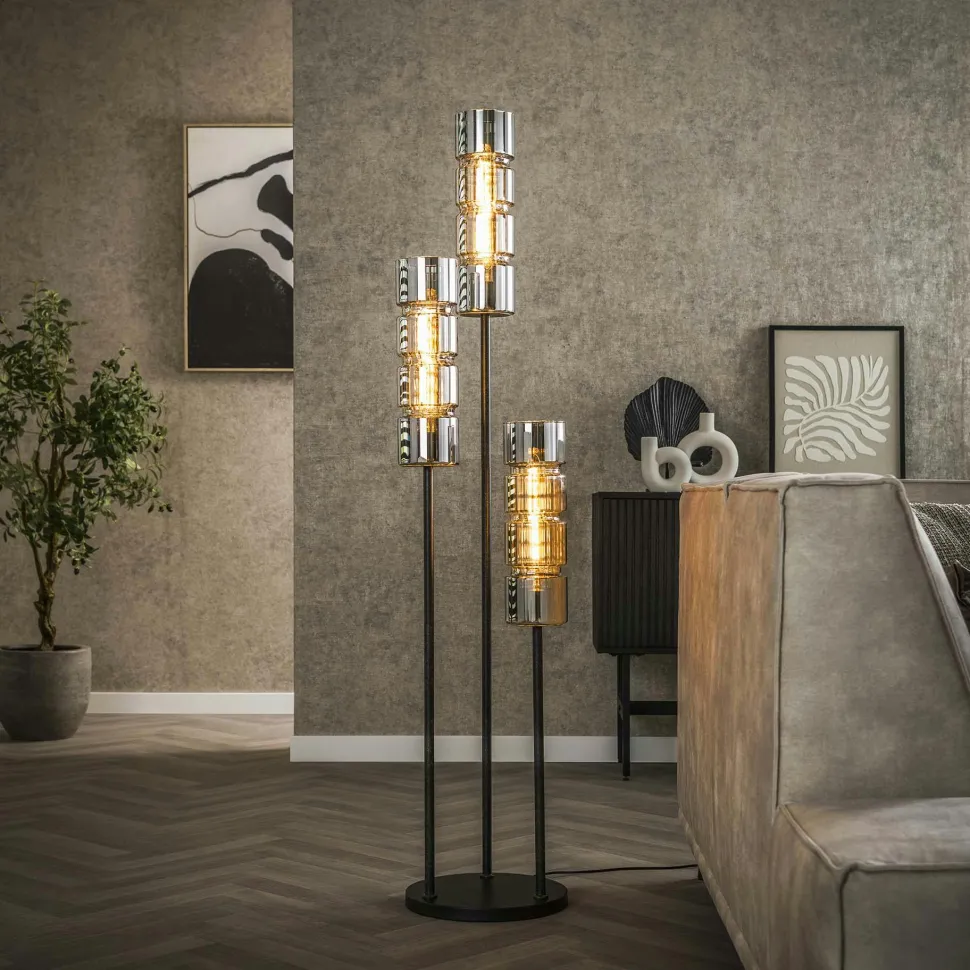 Lampadaire design en verre chromé, 3 abat-jour cylindriques RALF