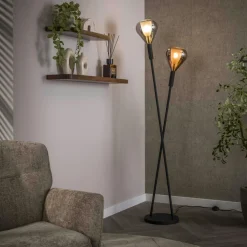Lampadaire design tiges croisées, 2 abat-jour gouttes NIAGARA