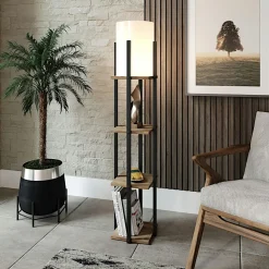 Lampadaire moderne décoratif avec étagères effet bois clair KILIS