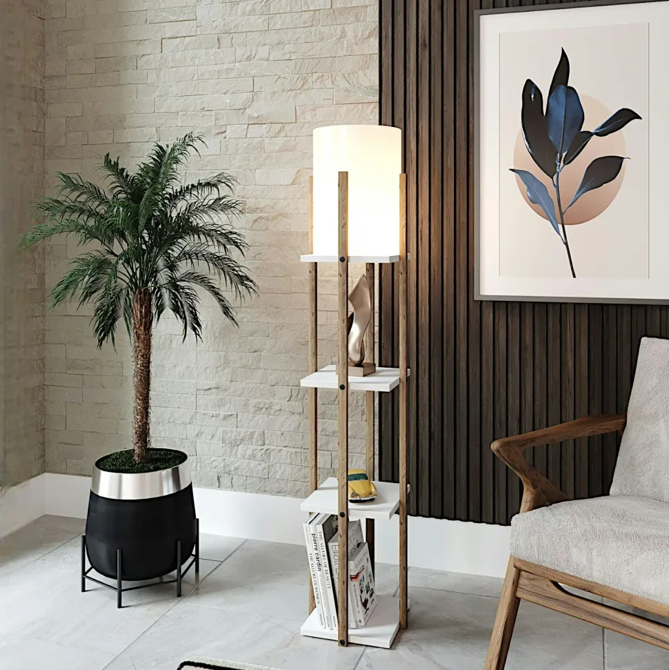 Lampadaire moderne décoratif avec étagères effet bois clair KILIS