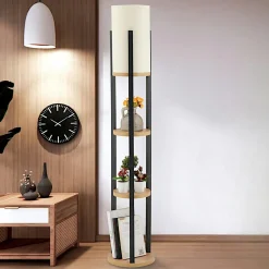 Lampadaire moderne décoratif avec étagères carrées effet bois KILIS
