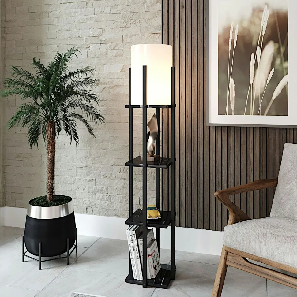 Lampadaire moderne décoratif noir avec étagères KILIS