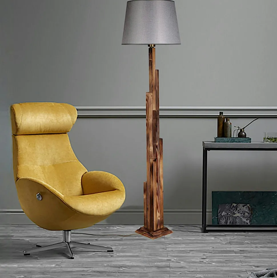 Lampadaire salon en bois sculpté abat-jour beige ANZIO