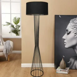 Lampadaire salon moderne chic noir, abat-jour tissu SINOP
