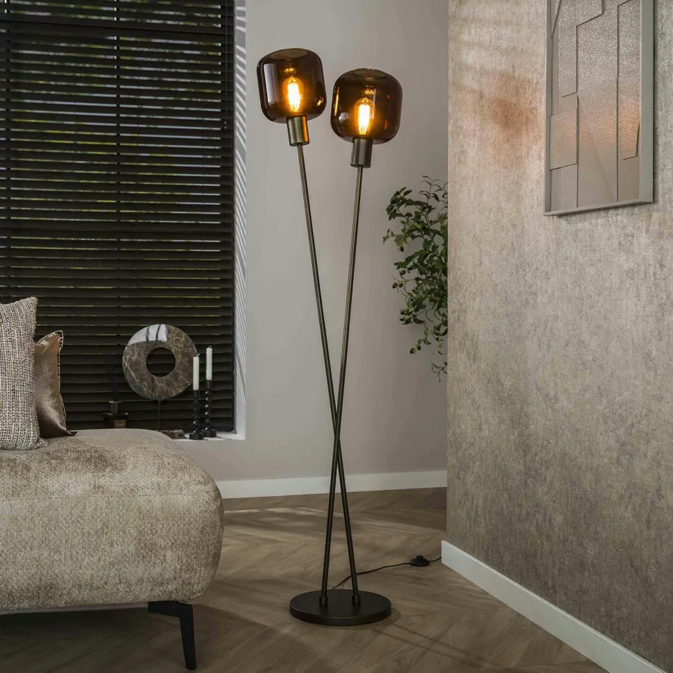 Lampadaire vintage verre – 2 abat–jour croisés bronze NOVA