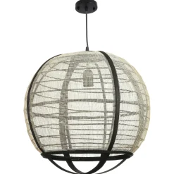 Lampe boule noire rotin et tissu
