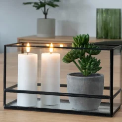 Lanterne bougeoir en verre/métal noir - forme rectangulaire