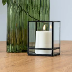 Lanterne bougeoir en verre/métal noir - forme rectangulaire