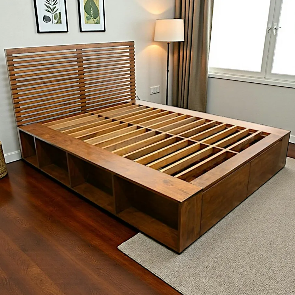 Lit 2 places Hévéa avec 2 tiroirs et 8 niches pour couchage 140x190 142x196x109cm NEW ORLEANS