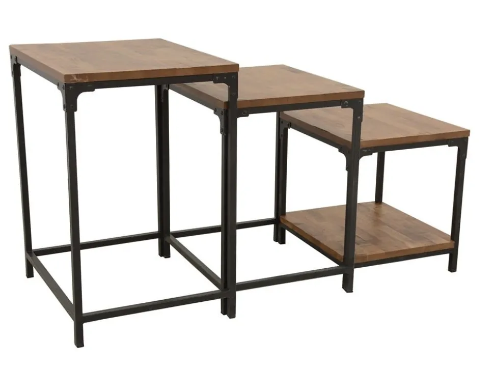 Lot de 3 Tables Gigognes / Sellettes en Hévéa recyclé naturel et métal 55x45x70cm LOFT
